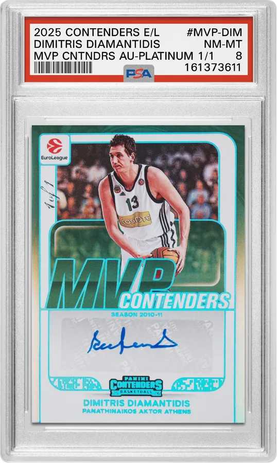 2025 Panini Contenders EuroLeague Dimitris Diamantidis MVP Contenders Autographs, Platinum #MVP-DIM, PSA 8 NM-MT